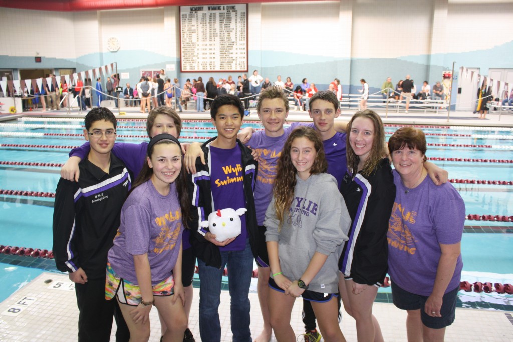 The Wylie swim team includes (back from left) Ian Ramirez, Nick Thornqvist, Justin Calamlam, J.C. Beeson, Declan Sauley, Ashlee Kelsey and Coach Caela Shinkle and (front) Mikaela Olson and Allie Clark. Not pictured are Cameron Hamer, Harley Womack and Austin Tucek. 